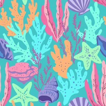 Seamless pattern with colorful sea elements, corals, seaweeds, shells and s.. Illustrazione stock