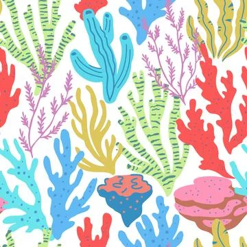 Seamless pattern with colorful sea elements, corals, seaweeds, shells and s.. Illustrazione stock