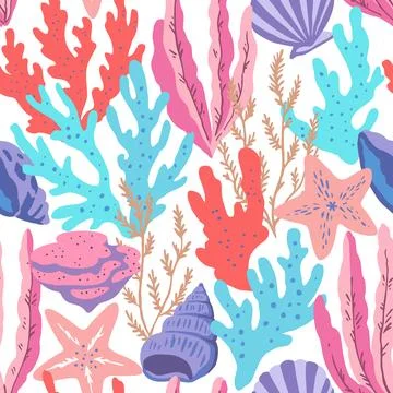 Seamless pattern with colorful sea elements, corals, seaweeds, shells and s.. Illustrazione stock