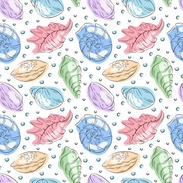 Seamless pattern of colorful seashell and water bubble in flat style. Design for 스톡 일러스트