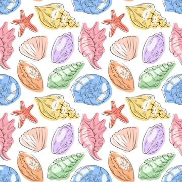Seamless pattern with colorful seashell, starfish and marine element in flat Illustrazione stock
