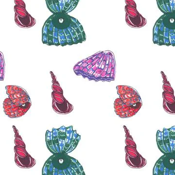 Seamless pattern from colorful shells. Hand drawn illustration. 스톡 일러스트