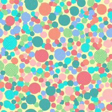 Seamless pattern with colorful simple spiral elements on light yellow backgro Stock Illustration
