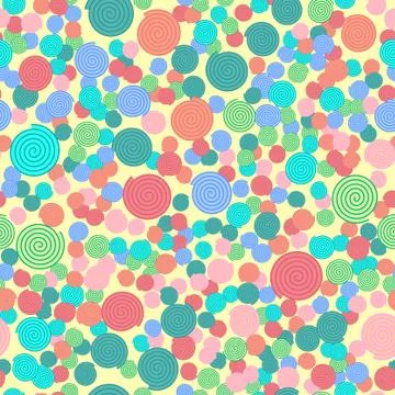 Seamless pattern with colorful simple spiral elements on light yellow backgro Stock Illustration