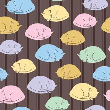 Seamless pattern with colorful sleeping cats on brown striped background Stock Illustration