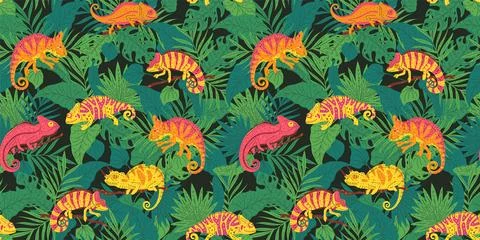Seamless pattern with colorful small spotted chameleon on branch with tropical Stock Illustration