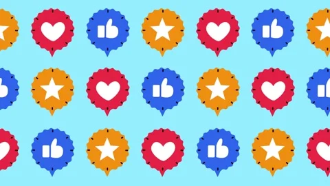 Seamless pattern of colorful social media badges with thumbs up, star rating Stock Footage 343805975
