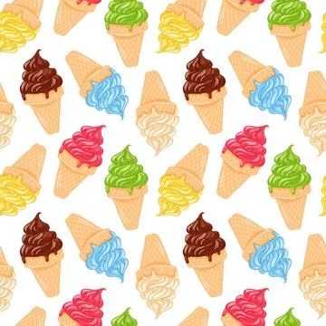 Seamless pattern of colorful soft ice cream cone in waffle in cartoon style Stock Illustration