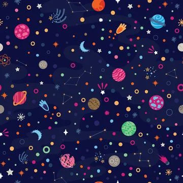 Seamless pattern with colorful space with planets, comets, constellations Stock Illustration