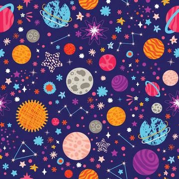Seamless pattern with colorful space with planets, comets, constellations イラスト素材