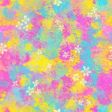 Seamless pattern of colorful splash and little flowers. Holi festival backg.. Stock Illustration