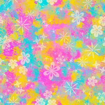 Seamless pattern of colorful splash and little flowers. Holi festival backg.. Stock Illustration