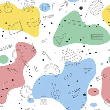 Seamless pattern with colorful spots and school supplies Stock Illustration