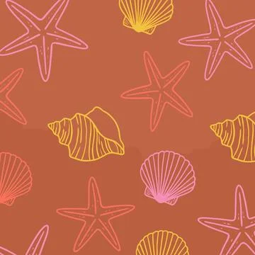 Seamless Pattern of Colorful Starfish and Seashells on a Warm Orange Backgr.. Stockillustratie