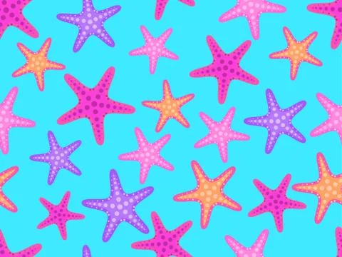 Seamless pattern with colorful starfish on a blue background. For promotional Illustrazione stock
