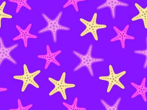 Seamless pattern with colorful starfish on a violet background. For promotion Illustrazione stock