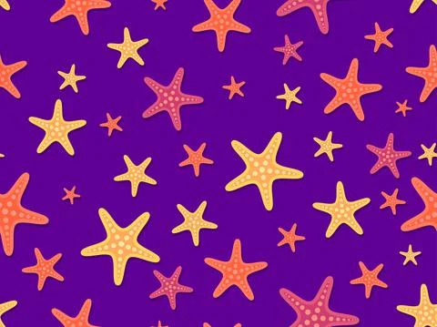 Seamless pattern with colorful starfish on a violet background. For promotion Stock Illustration