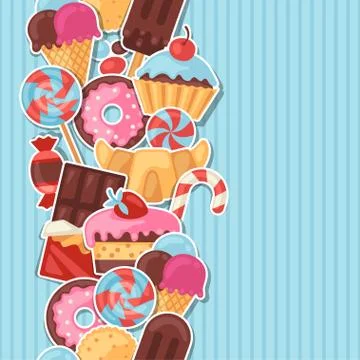 Seamless pattern colorful sticker candy, sweets and cakes Stock Illustration