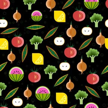 Seamless pattern of colorful stylized icons of vegetables and fruits of var.. Stock Illustration