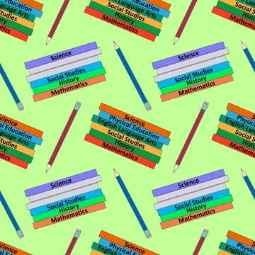 Seamless pattern with colorful subject book and pencil on green background. Stock Illustration