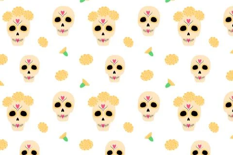 Seamless pattern of colorful Sugar Skull and flowers. Abstract background Stock Illustration