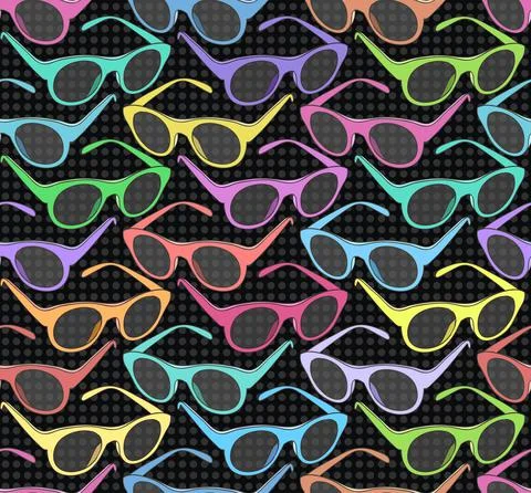 Seamless pattern with colorful sunglasses on black background. Stock Illustration