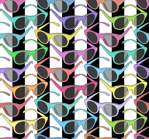 Seamless pattern with colorful sunglasses on striped background. Stock Illustration
