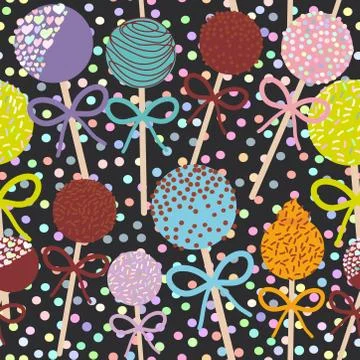 Seamless pattern Colorful Sweet Cake pops set with bow isolated on black polka Stock Illustration