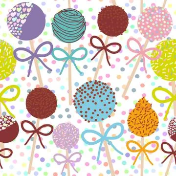 Seamless pattern Colorful Sweet Cake pops set with bow isolated on white polka Stock Illustration