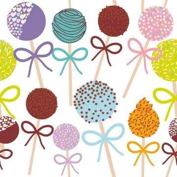 Seamless pattern Colorful Sweet Cake pops set with bow isolated on white 스톡 일러스트