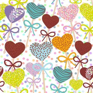 Seamless pattern Colorful Sweet Cake pops hearts set with bow isolated, paste Stock Illustration