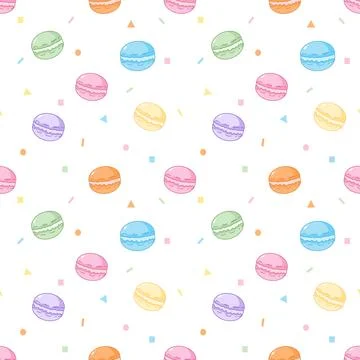 Seamless pattern of colorful sweet macarons and geometric sprinkles on whit.. Stock-Illustration