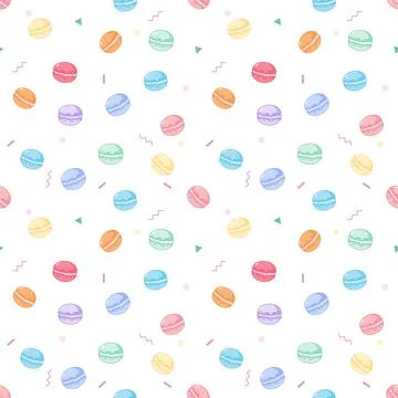 Seamless pattern of colorful sweet macarons and geometric sprinkles on whit.. Stock-Illustration