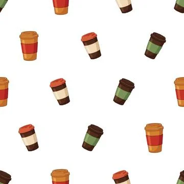 Seamless pattern with colorful takeaway coffee cups on white background. Stock Illustration
