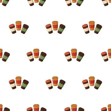 Seamless pattern with colorful takeaway coffee cups on white background. Illustrazione stock