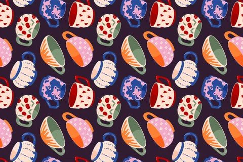 Seamless pattern with colorful teacup and mug on a dark background in flat style Stock Illustration