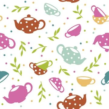 Seamless pattern with colorful teapots and cups. Vector template Stock Illustration