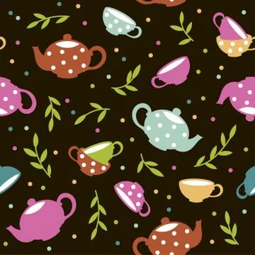 Seamless pattern with colorful teapots and cups. Vector template Stock Illustration