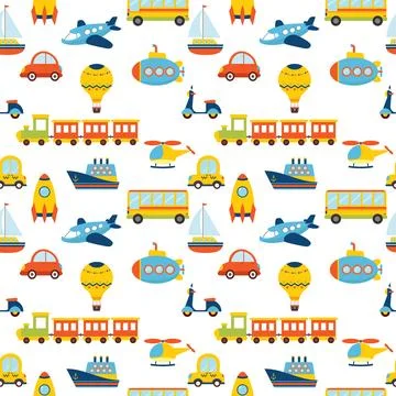 Seamless pattern with colorful transport. Cute children background Stock Illustration