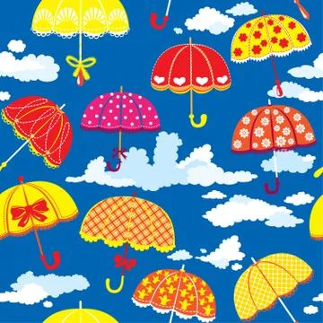 Seamless pattern with colorful umbrellas and clouds on blue background 스톡 일러스트