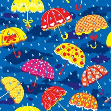 Seamless pattern with colorful umbrellas, clouds and rain drops on blue sky b Stock Illustration