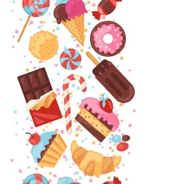 Seamless pattern colorful various candy, sweets and cakes Stock Illustration