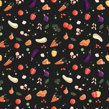Seamless pattern with colorful vegetables on dark green background. Stock Illustration