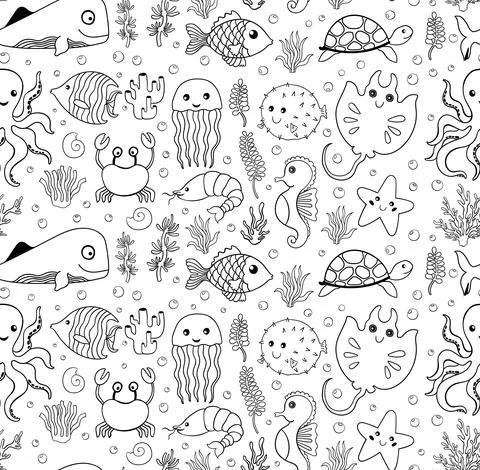 Seamless pattern coloring book ocean animal.Sea wildlife underwater.Background Stock Illustration