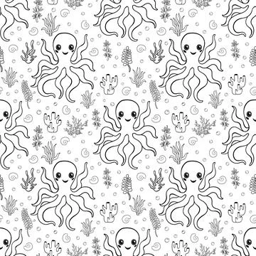 Seamless pattern coloring book ocean animal.Sea wildlife underwater.Background イラスト素材