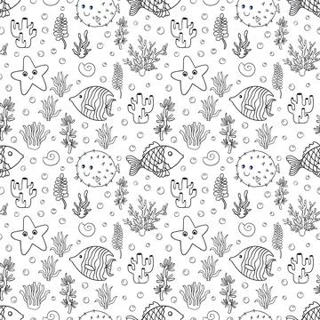 Seamless pattern coloring book ocean animal.Sea wildlife underwater.Background Stock Illustration