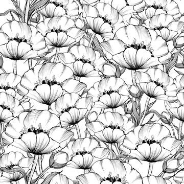 Seamless pattern. Coloring book page with flowers on white background. Blac.. Stock Illustration