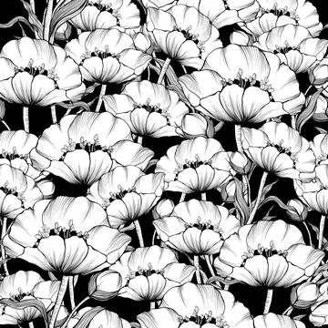 Seamless pattern. Coloring book page with flowers on black background. Blac.. Stock Illustration