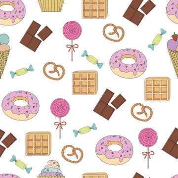 Seamless pattern coloring page with cake, ice cream, cupcake, candy, donuts, Illustrazione stock