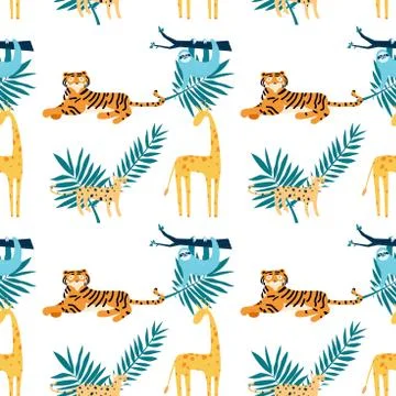 Seamless pattern with coloring tropical animals. Vector illustration for you Illustrazione stock